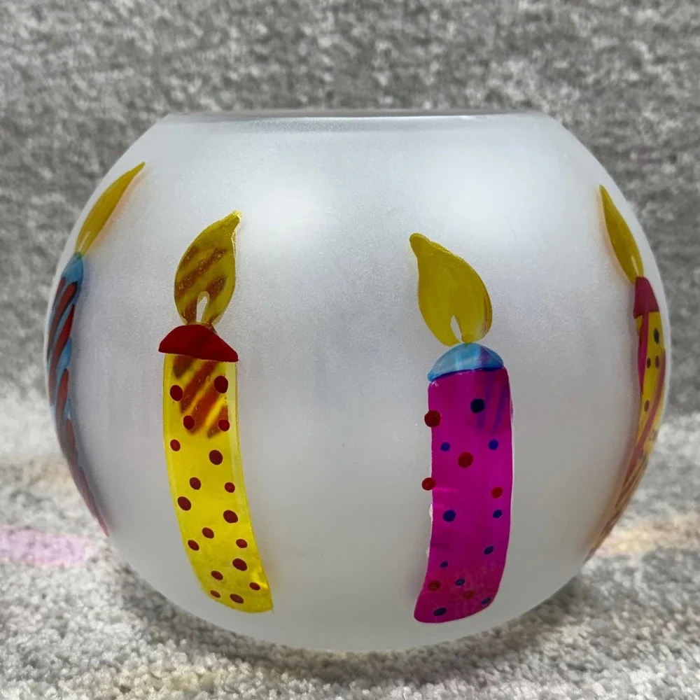 Teleflora Frosted Glass‎ Bowl Hand Painted Birthday Candles Votive Holder Gift